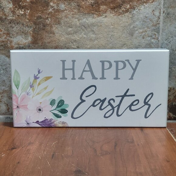 Happy Easter White Block Sign Flower Artwork - Picture 1 of 8